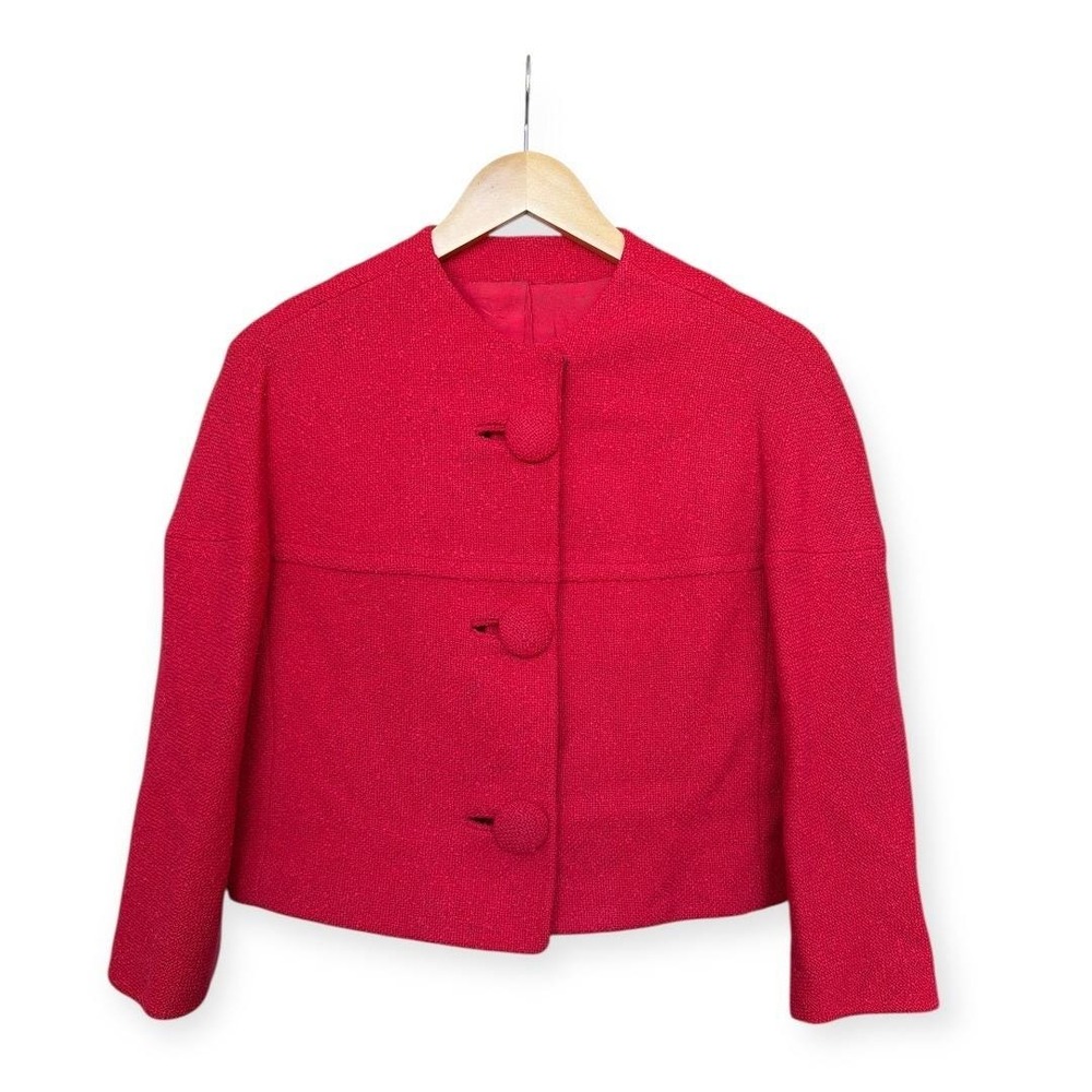 VTG 60s Jackie O Style Cherry Red Wool Bouclé Cropped Jacket‎ M/L Dopamine